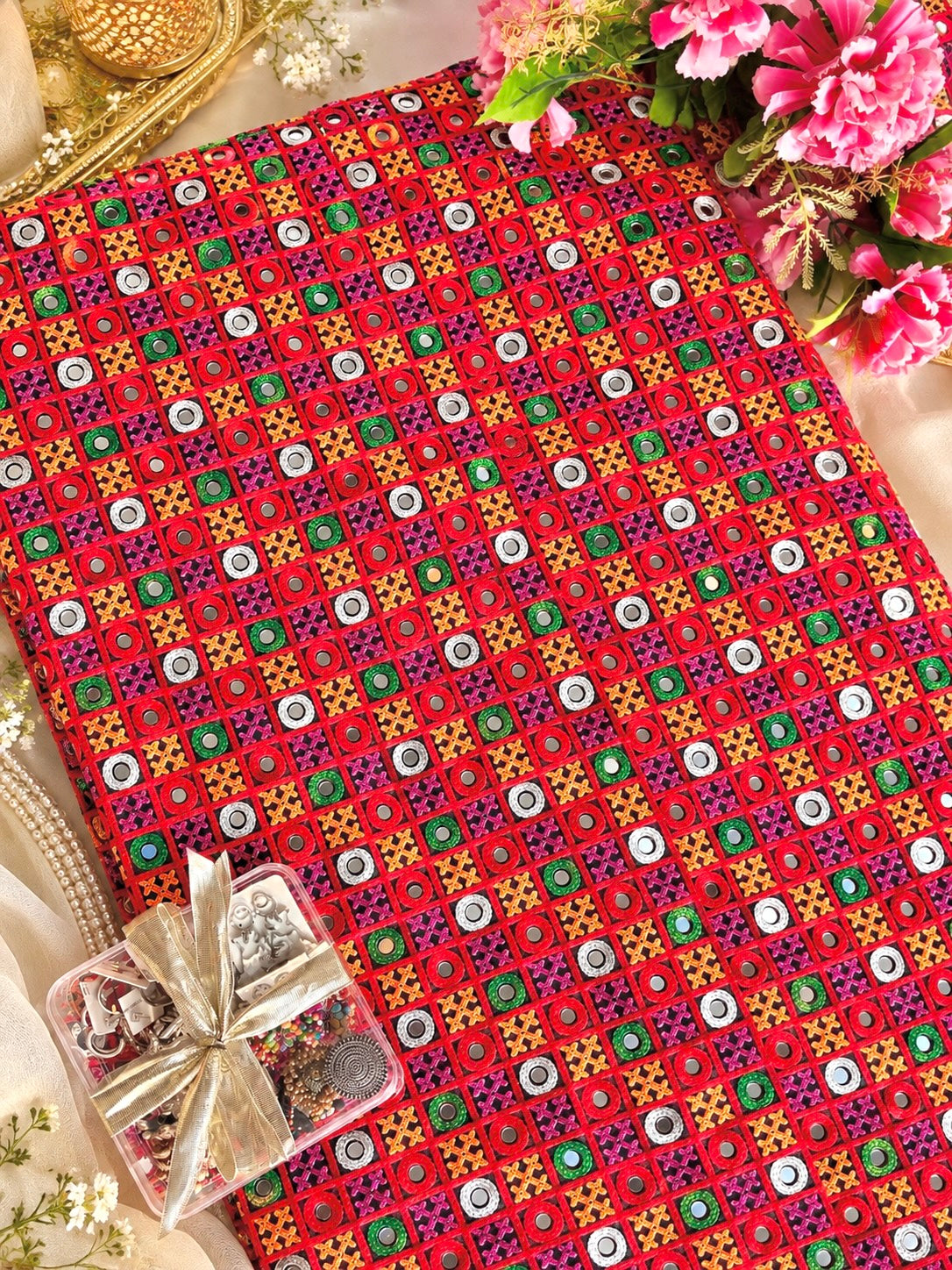 Red Multicolor Traditional Embroidered Fabric Cut
