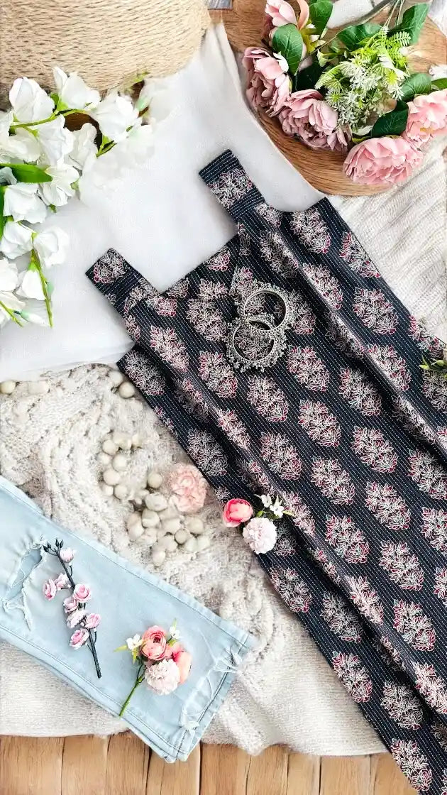 Midnight Bloom Block Jaipuri Kurta