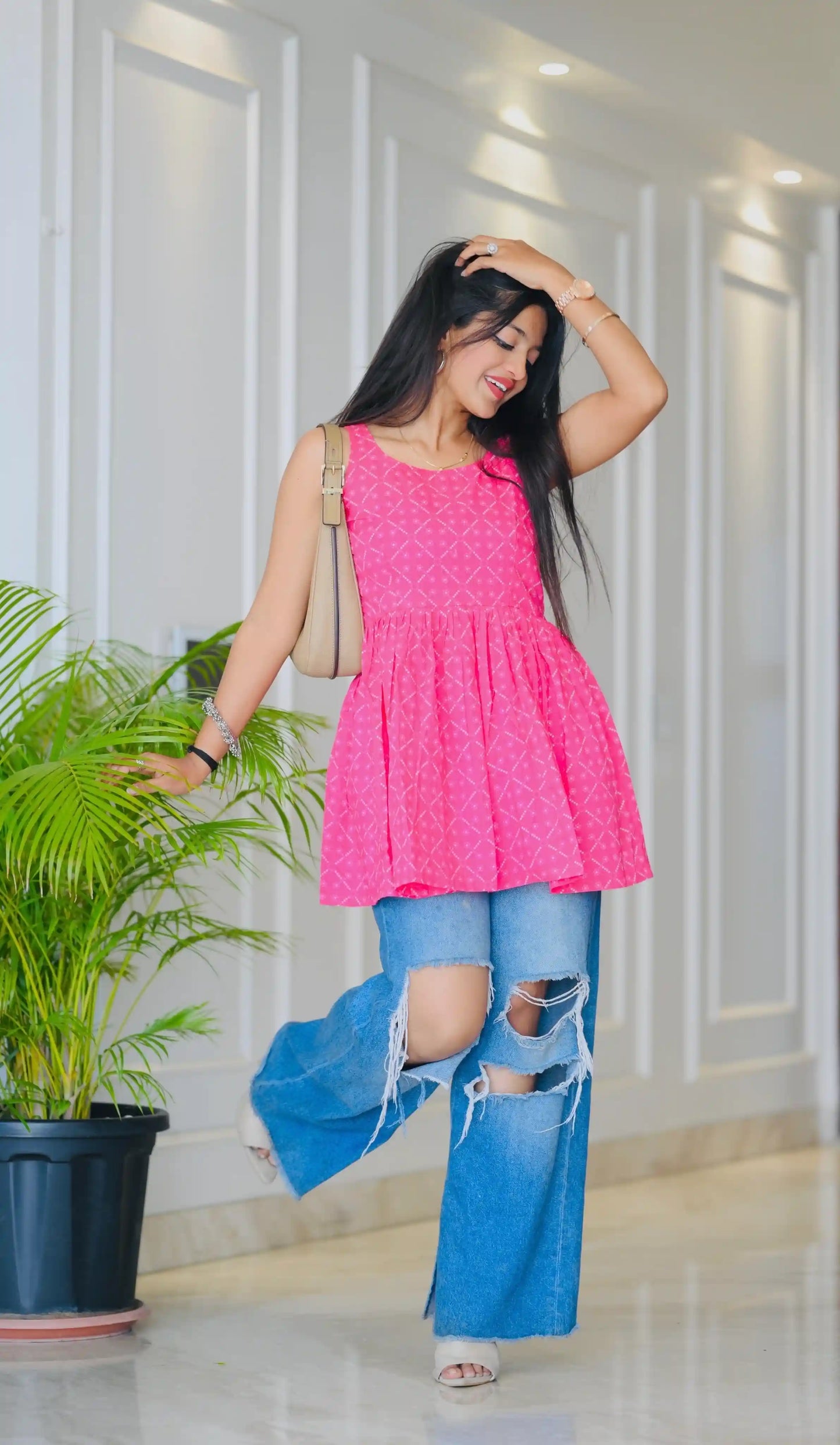 Pink Bandhej Jaipuri Short Top