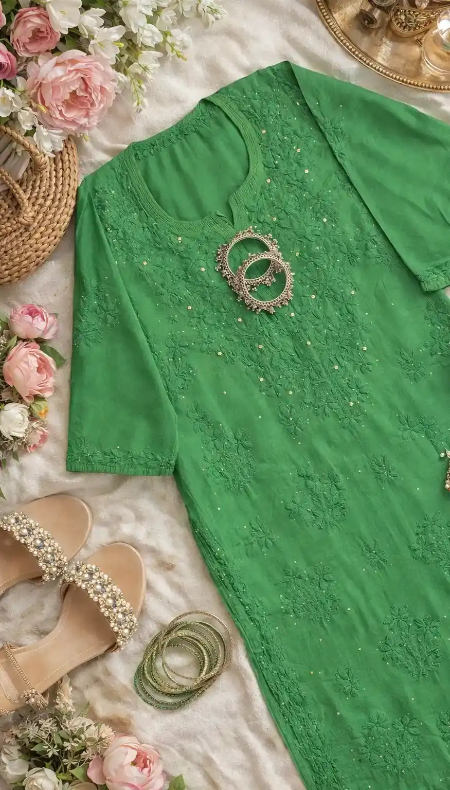 Poonam's Emerald Green Hoor Chikan Kurta