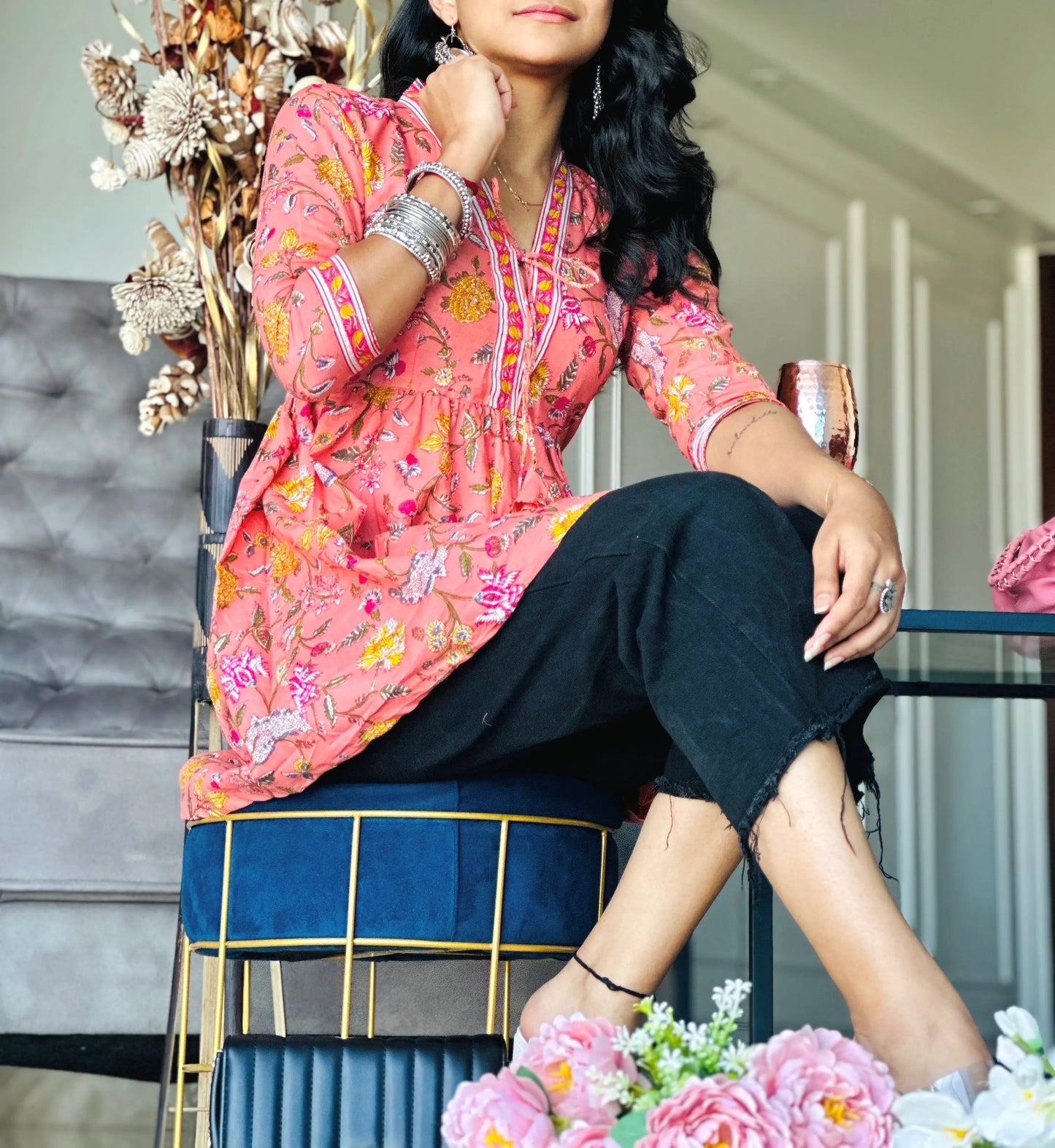Pretty Peach Kalamkari Short Denim Kurta