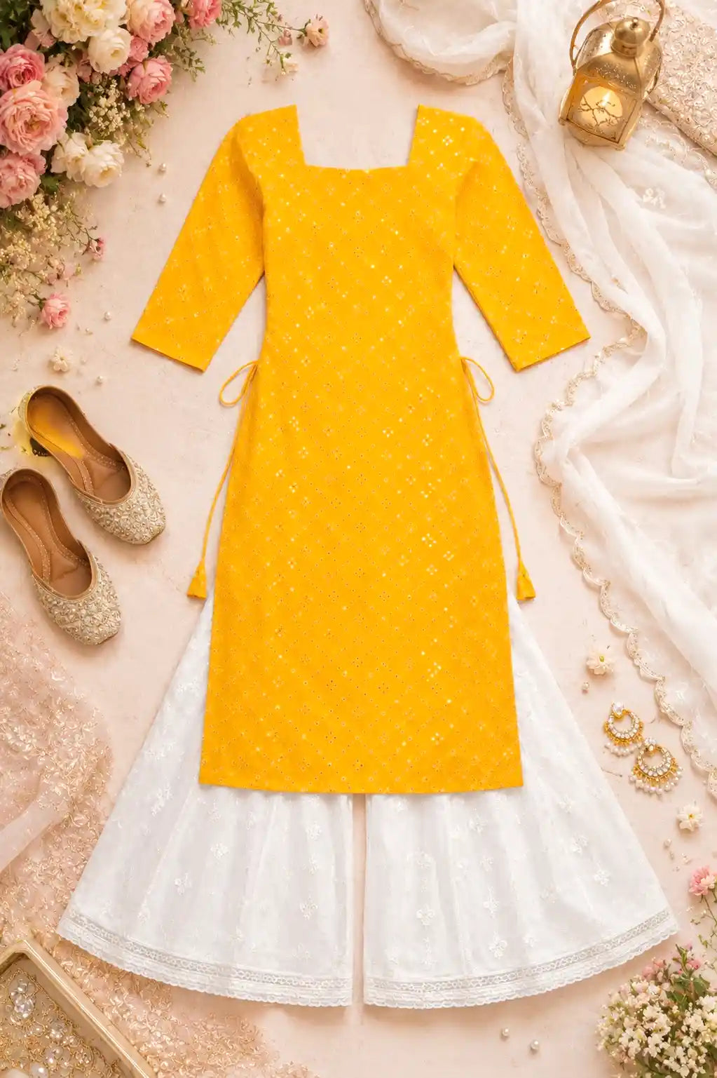 Santoshi’s Yellow Mirror Embroidered Gulnaz Kurta