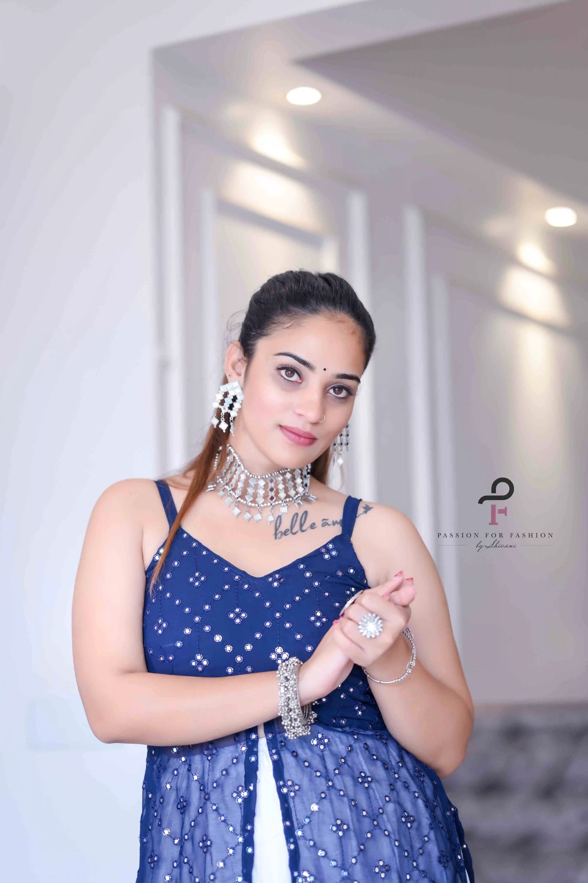 Dazzle Blue Mirror Embroidered Gulnaz Kurta - Passion for Fashion by Shivani