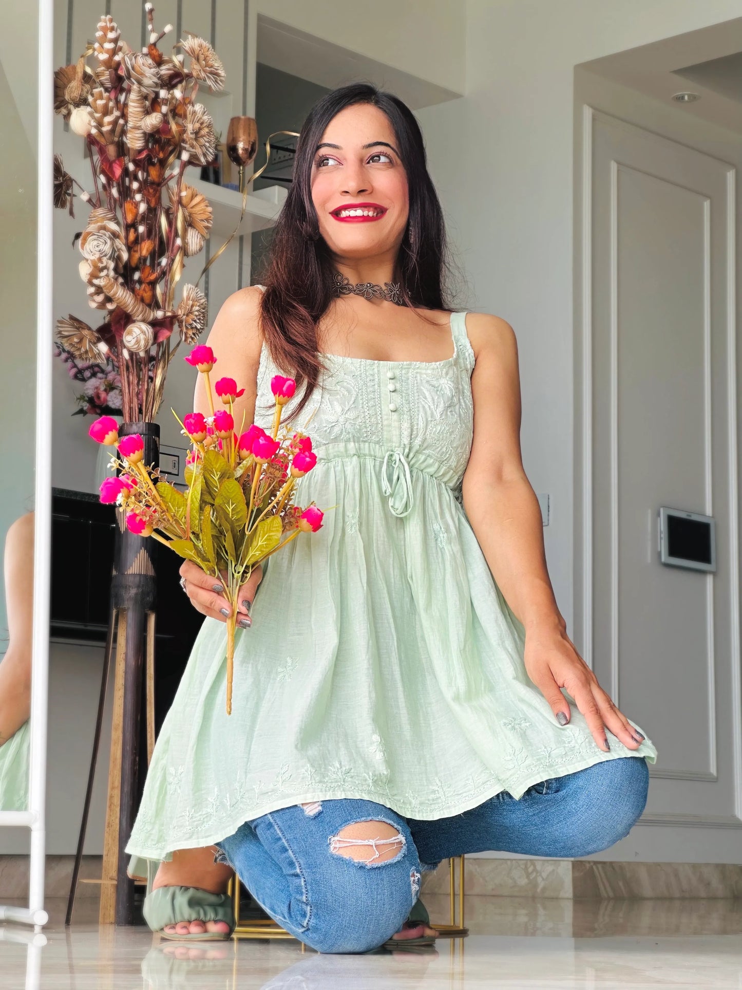Blush Green Naaz Chikan Short Kurta