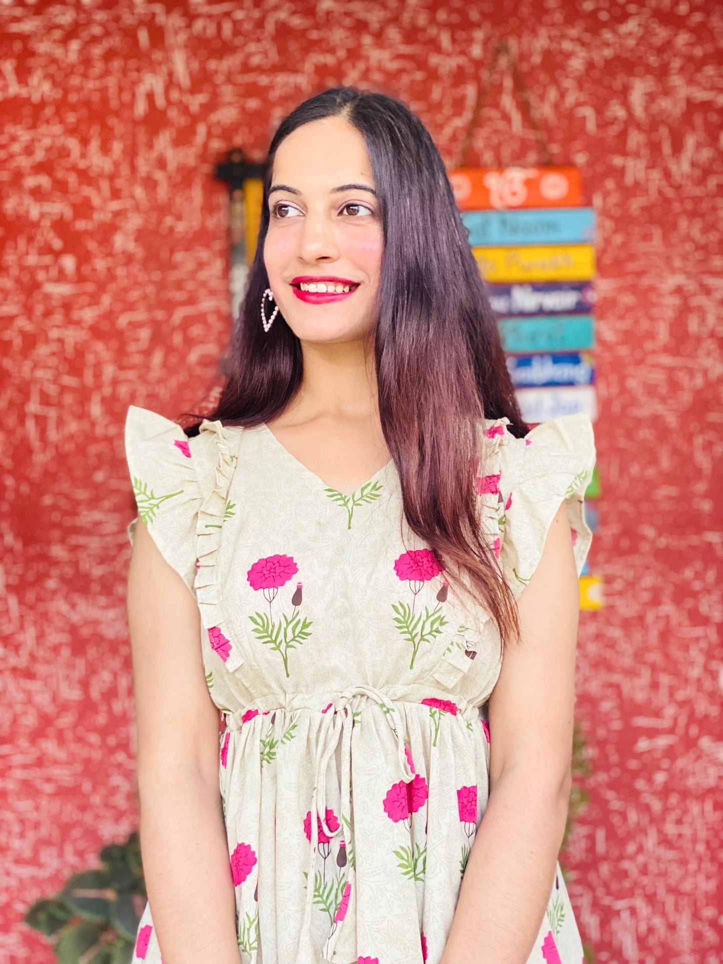 Pink Floral Hand Printed Peplum Top