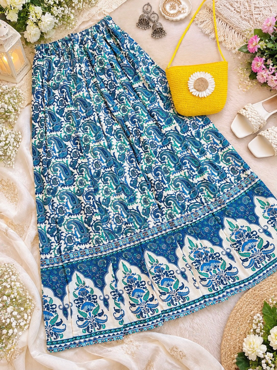 Blue Paisley Jaipuri Flared Cotton Skirt