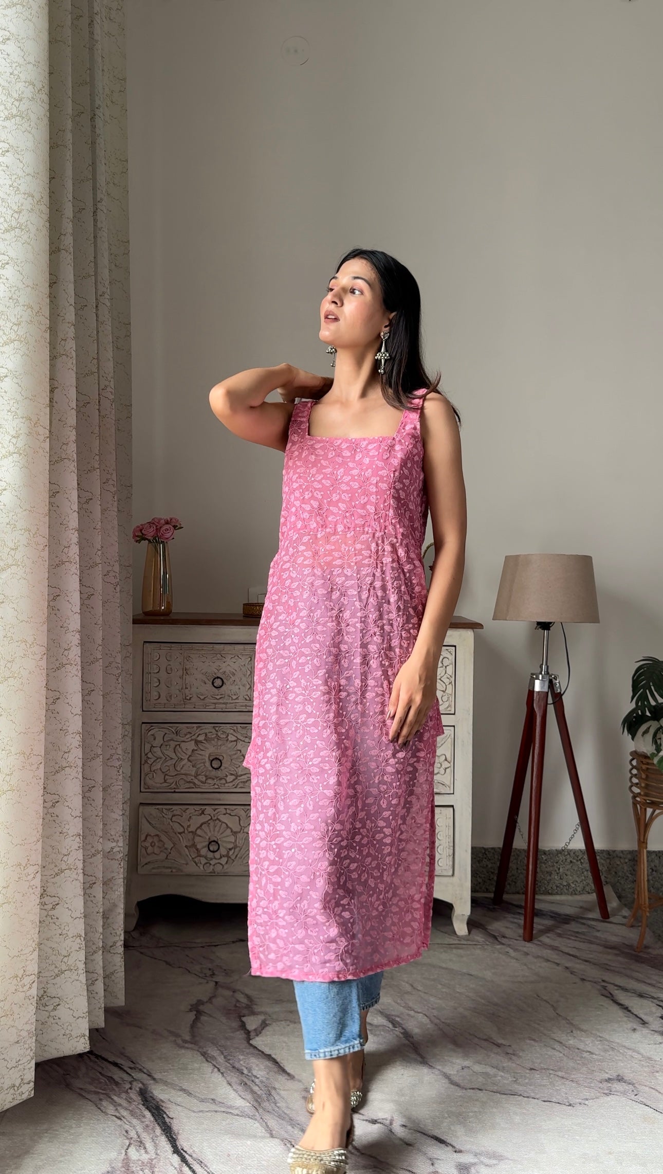 Apricot Peach Embroidered Gulnaz Slit Kurta