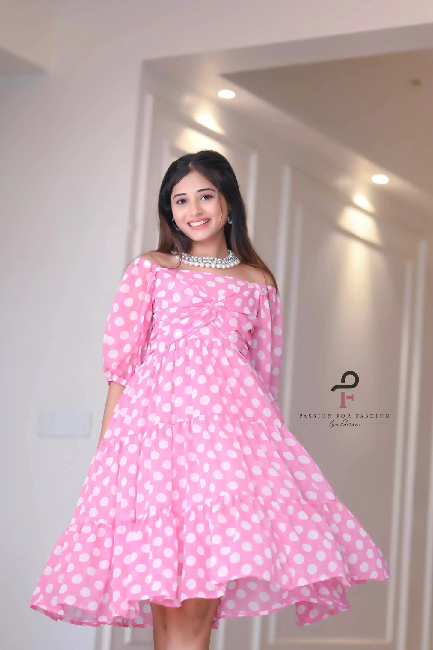 Dreamy Pink Polka Georgette Twirl Dress - Passion for Fashion by Shivani