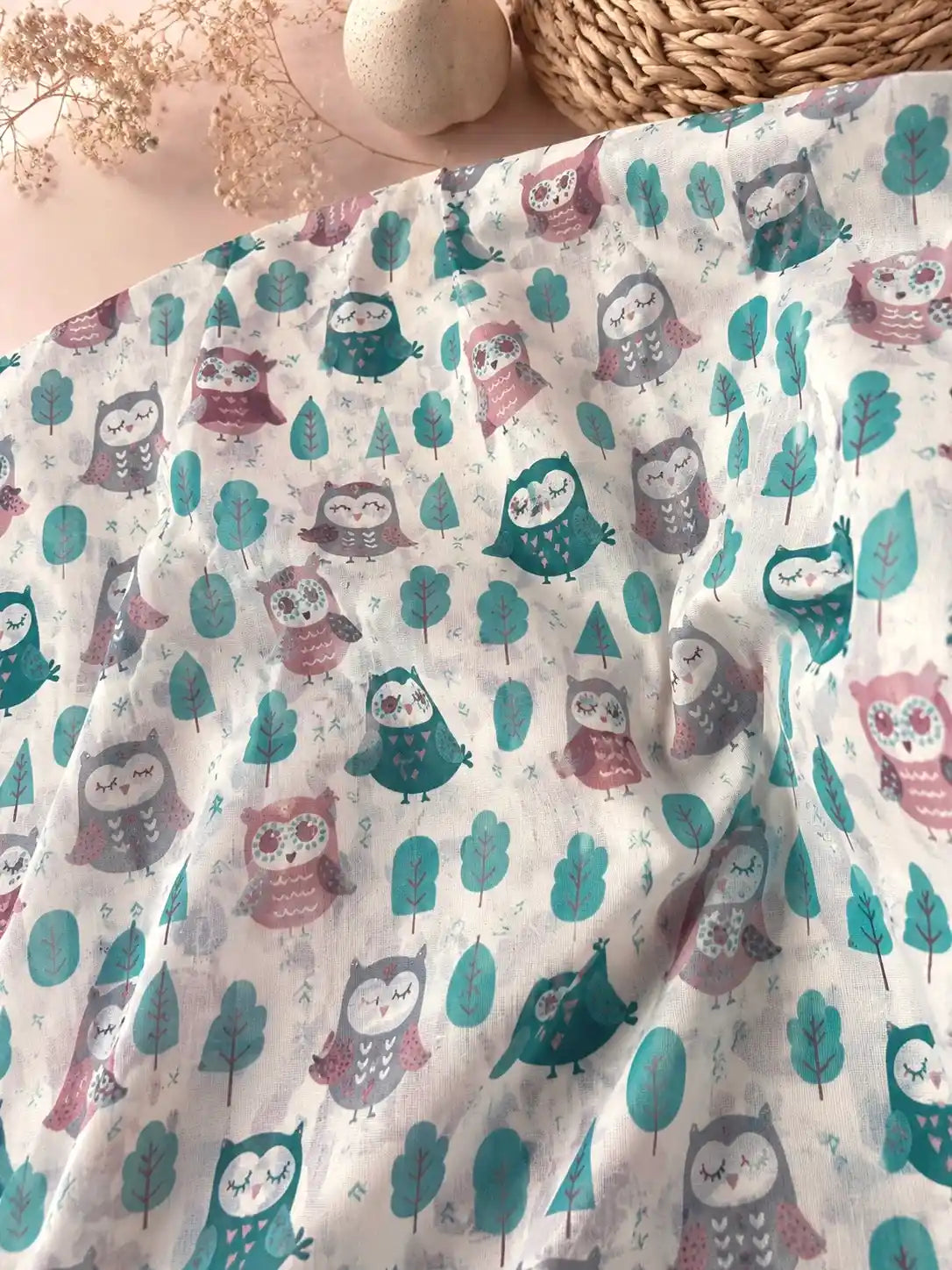 Dreamy Owl Printed Cotton Fabric Cut