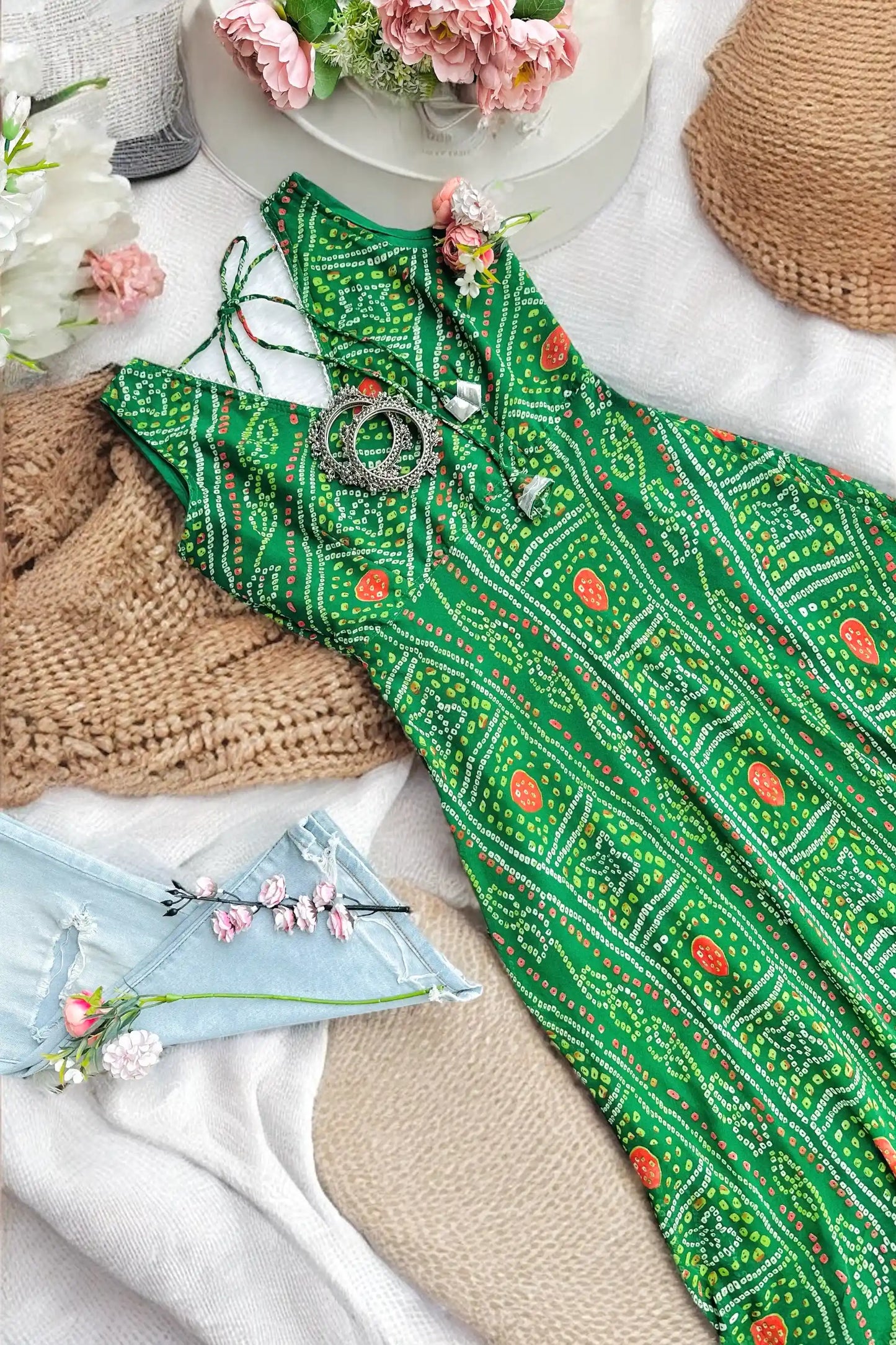 Bandhej Green Twirl Gulnaz Kurta