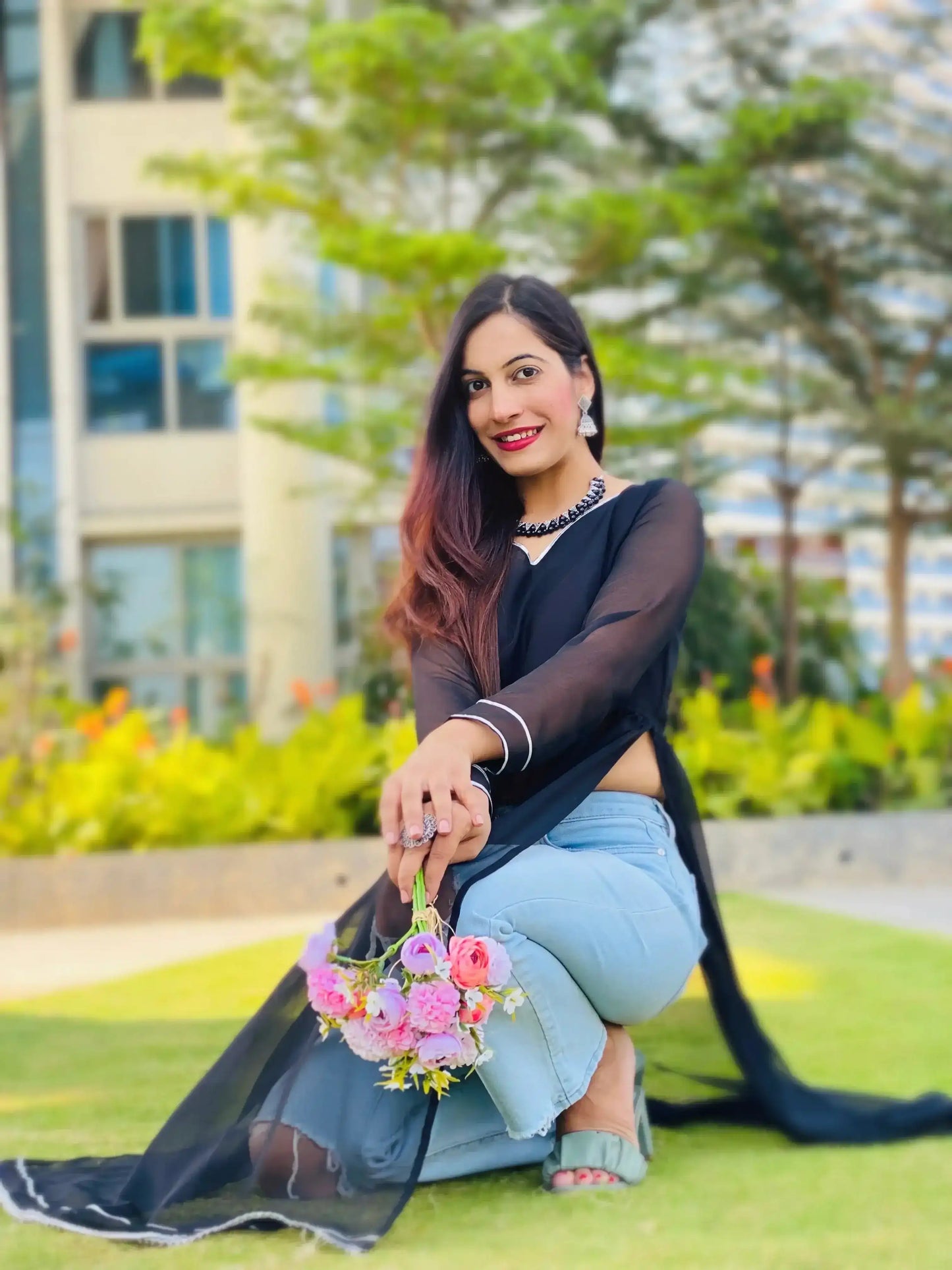 Evening Bloom Black Denim Kurta - Passion for Fashion by Shivani