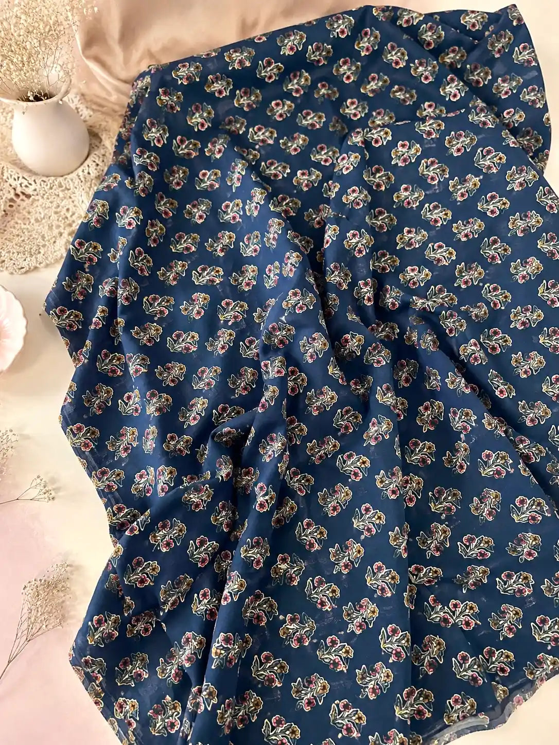 Navy Blue Floral Buti Cotton Fabric Cut