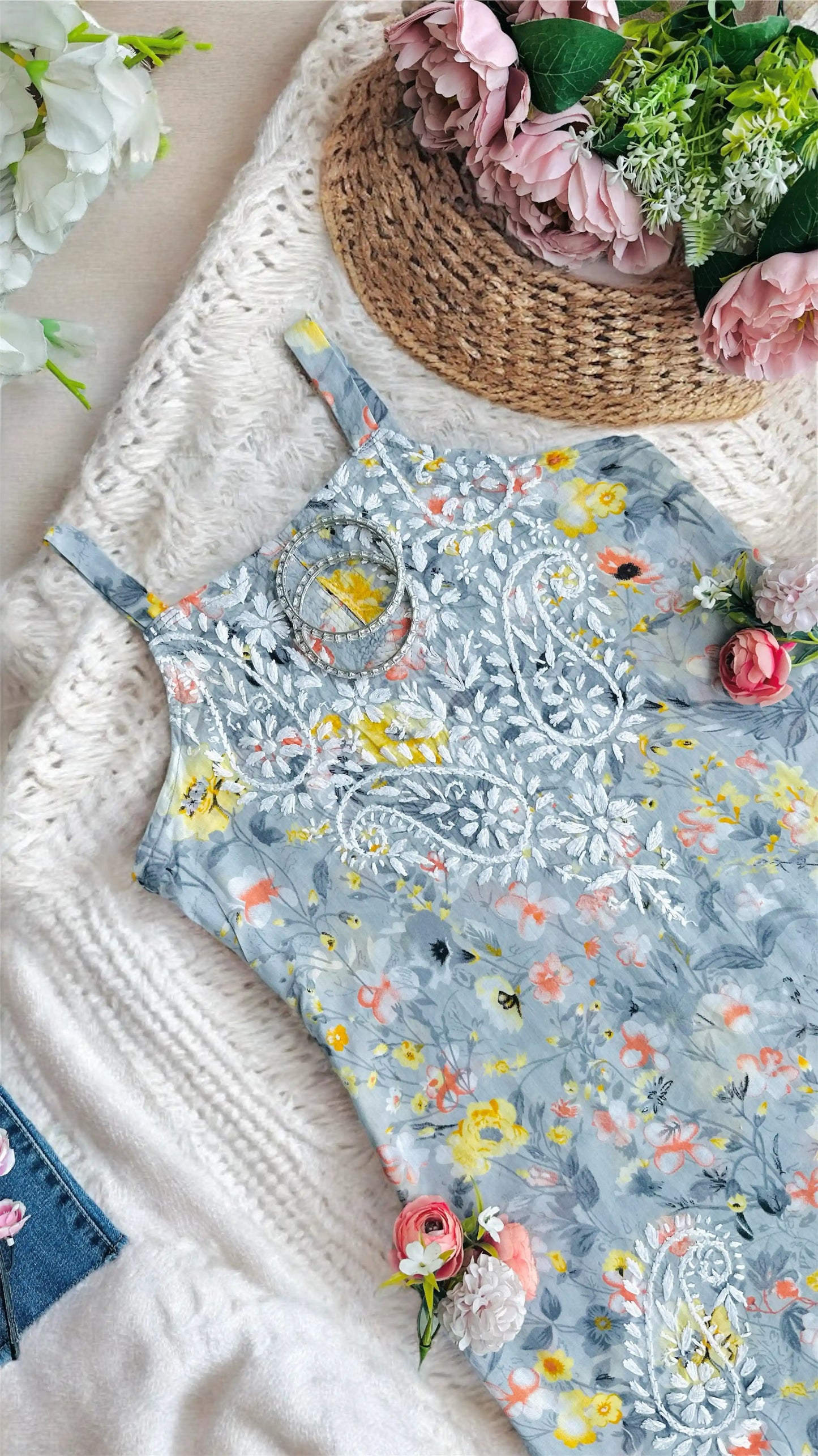 Colorbliss Grey Naaz Chikan Short Kurta