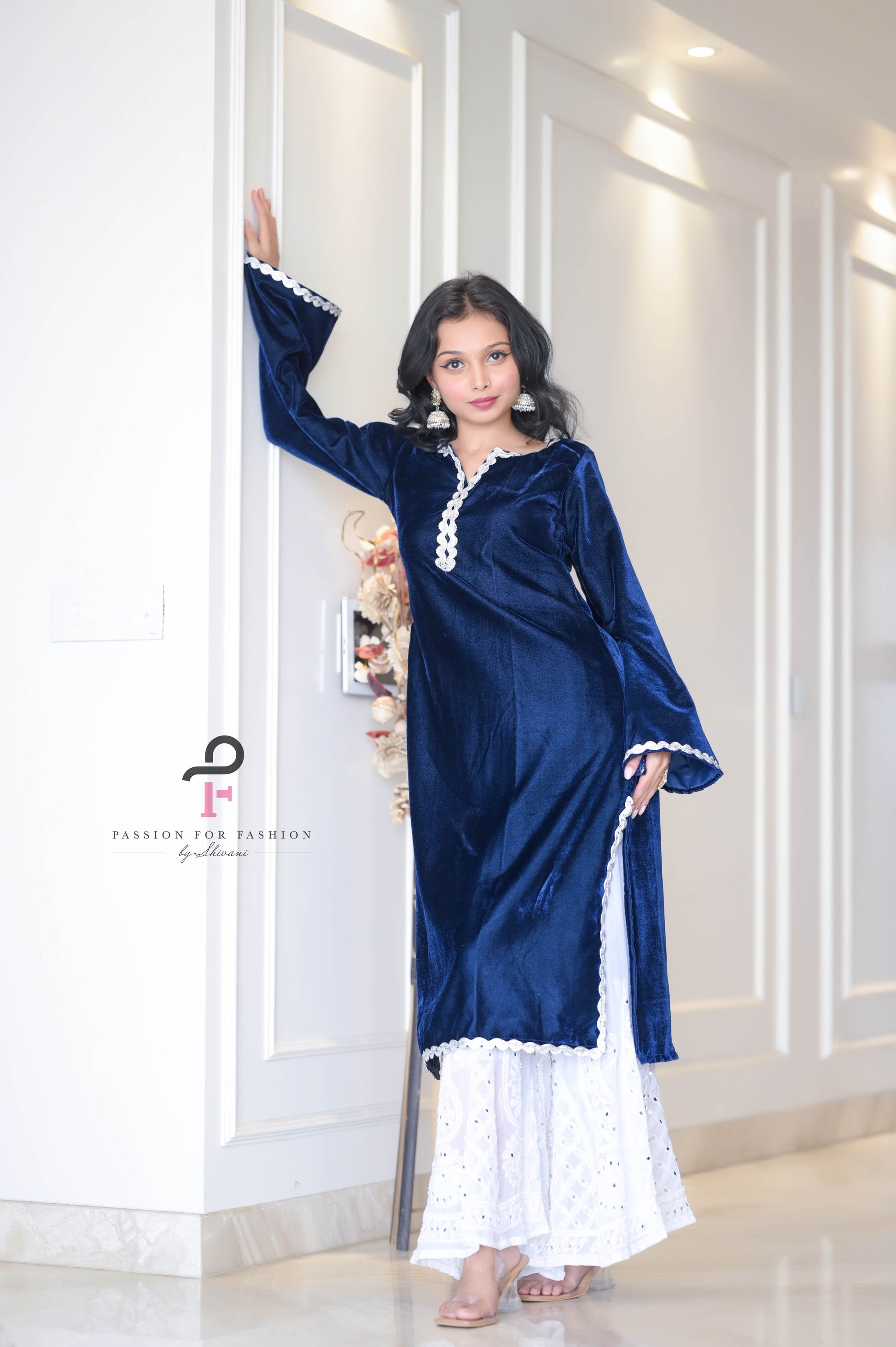 Monochrome Blue Velvet Gulnaz Kurta - Passion for Fashion by Shivani