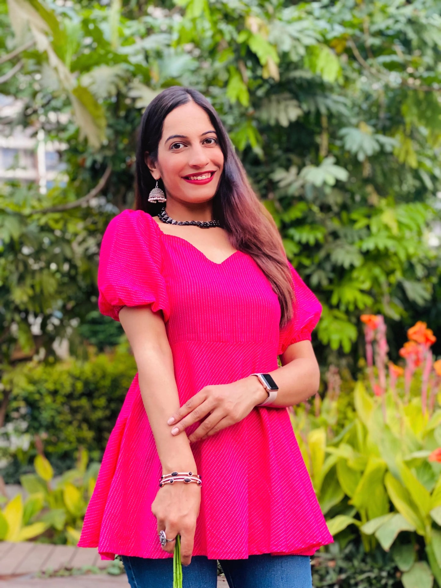 Hot Pink Puff Gulnaz Peplum Top