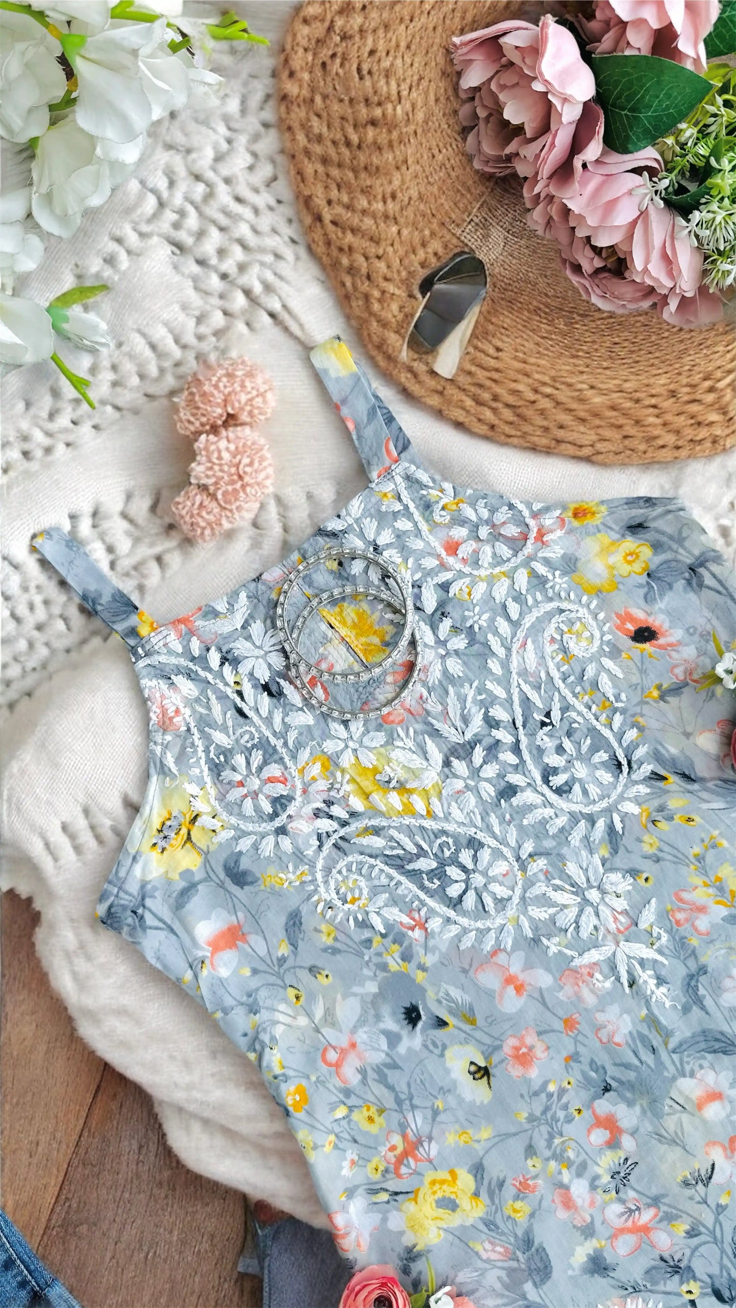 Colorbliss Grey Naaz Chikan Short Kurta