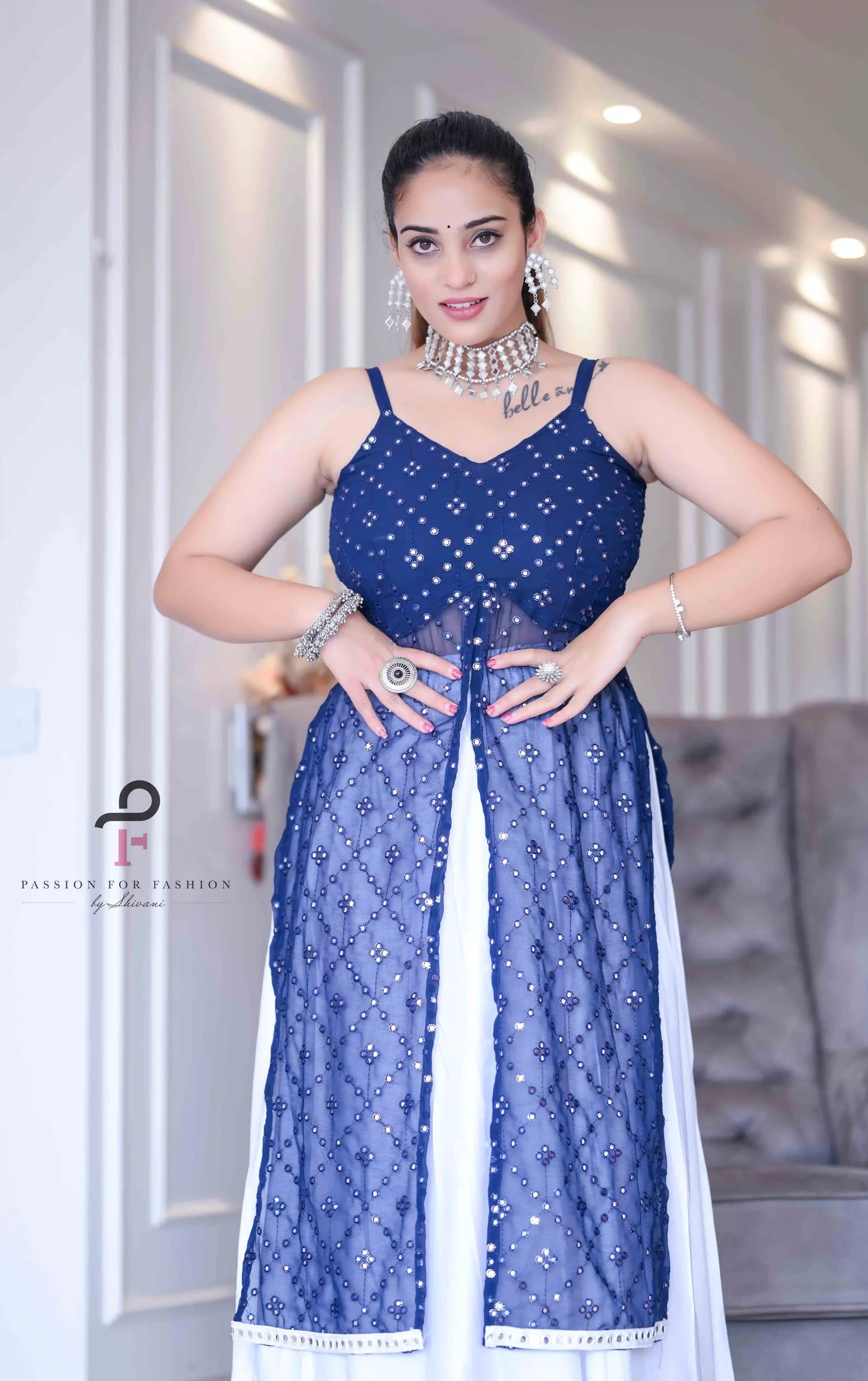 Dazzle Blue Mirror Embroidered Gulnaz Kurta - Passion for Fashion by Shivani