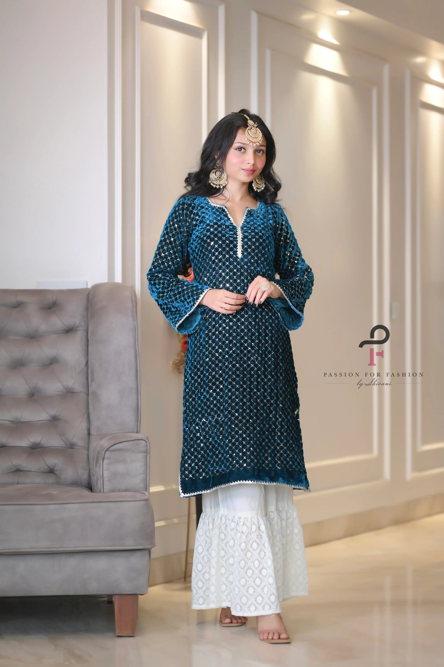 Gold Turquiose Embroidered Gulnaz Kurta