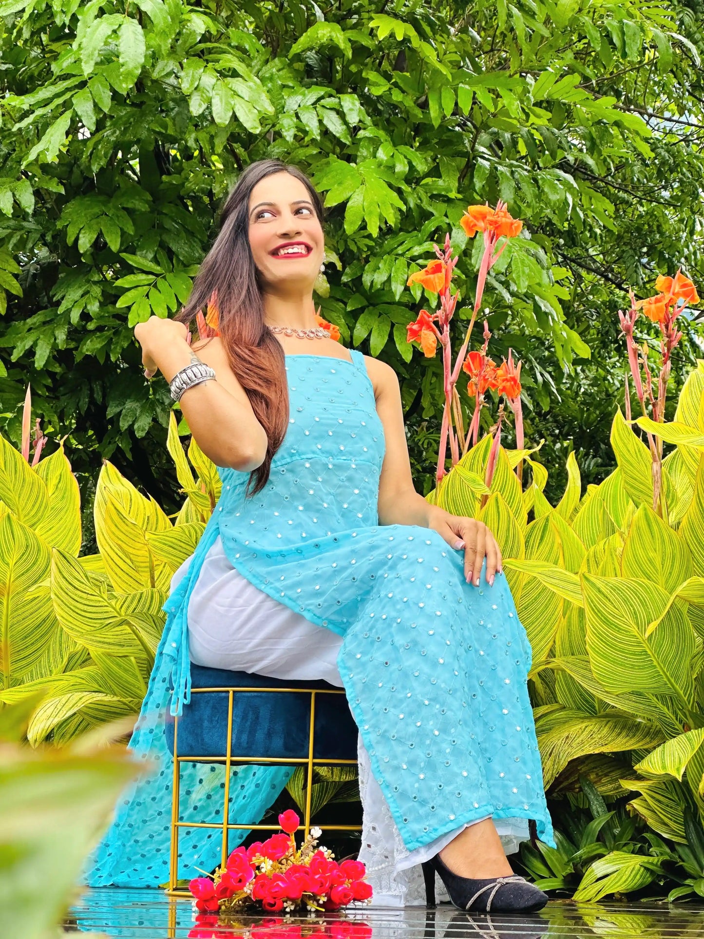 Soft Blue Mirror Blush Gulnaz Kurta