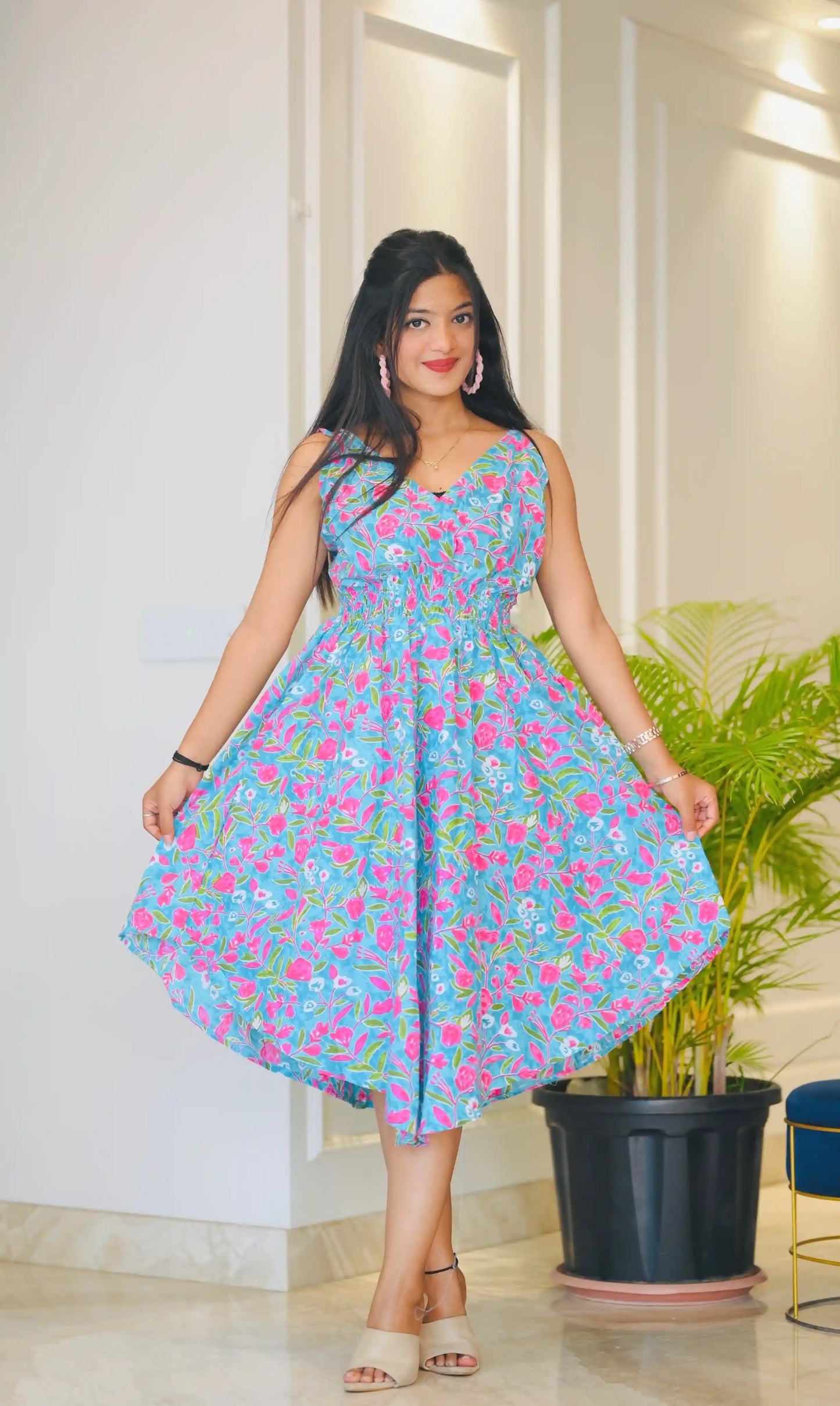 Floral Blue Smoky Twirl Dress
