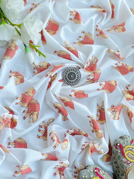 Jaipuri Elephant Printed MulMul Fabric Cut - Passion for Fashion by Shivani
