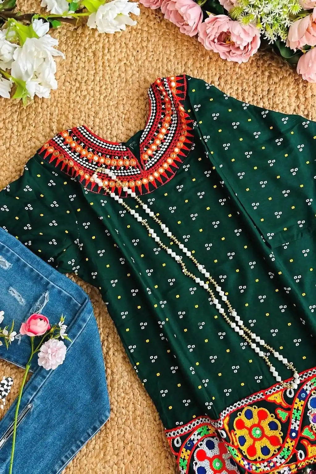 Gamti Green Jaipuri Short Kurta