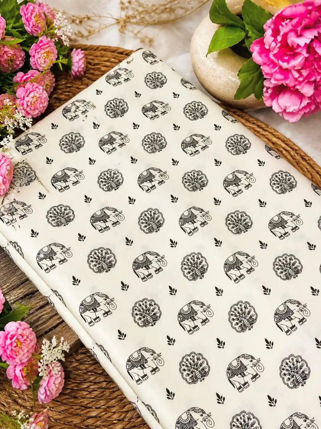 Black Elephant Motif Cotton Fabric
