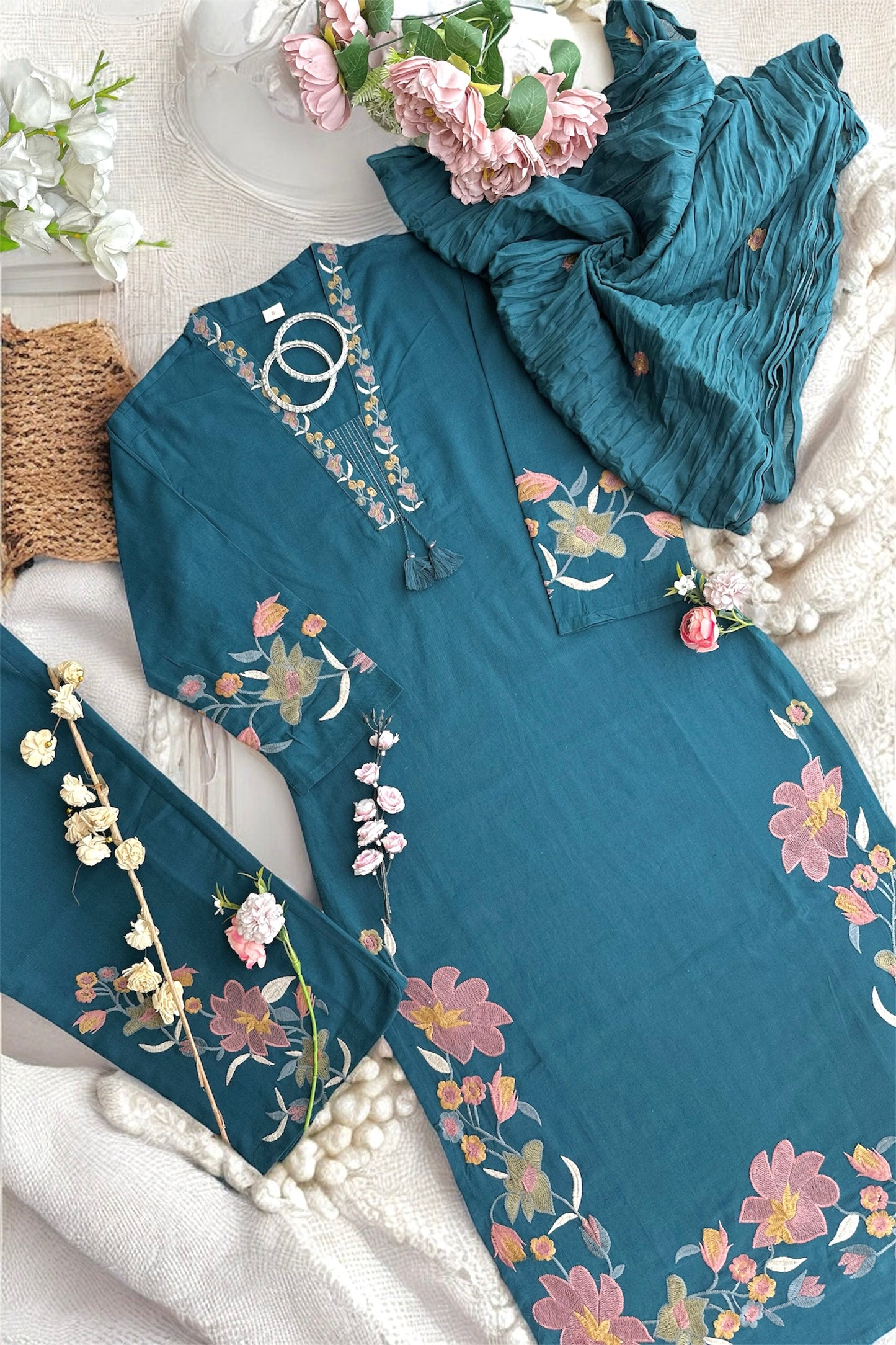 Meher Teal Bloom Embroidered Suit