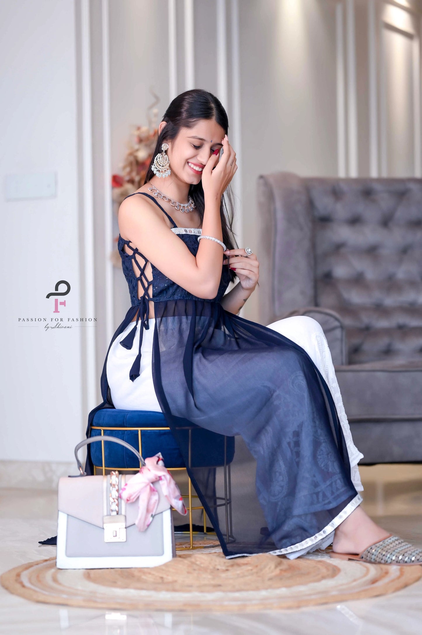 Monochrome Blue Embroidered Gulnaz Kurta