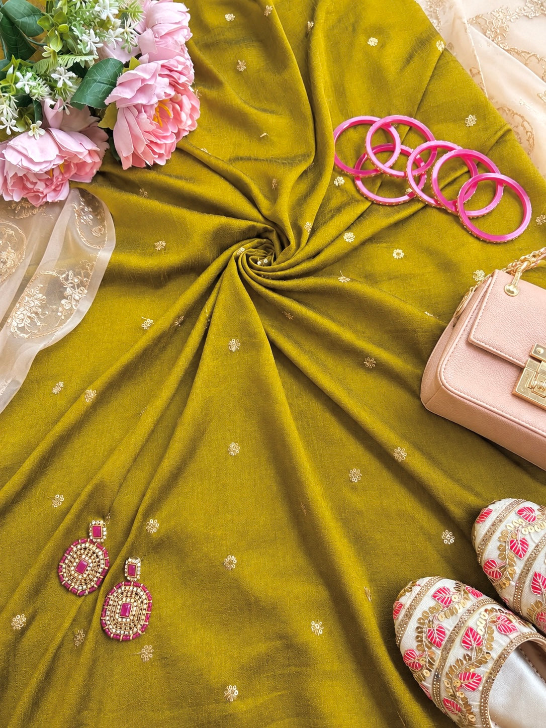 Luxury Olive Mustard Gold Butti Fabric Cut