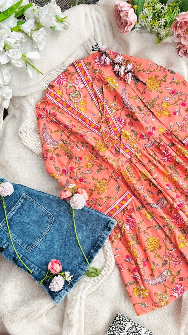 Pretty Peach Kalamkari Short Denim Kurta