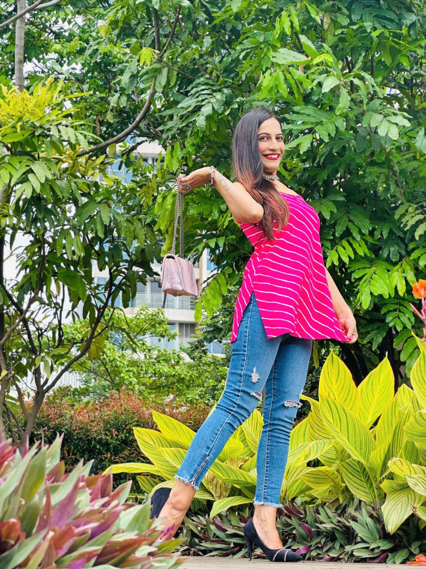 Pretty In Pink Lehriya Denim Kurta