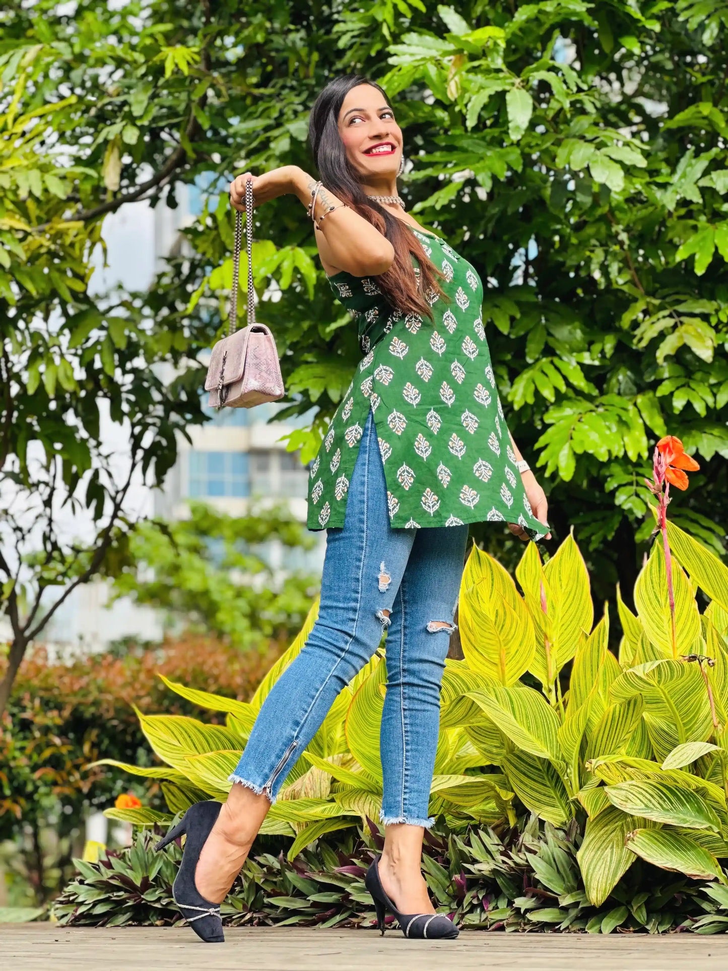 Dark Green Block Print Short Kurta