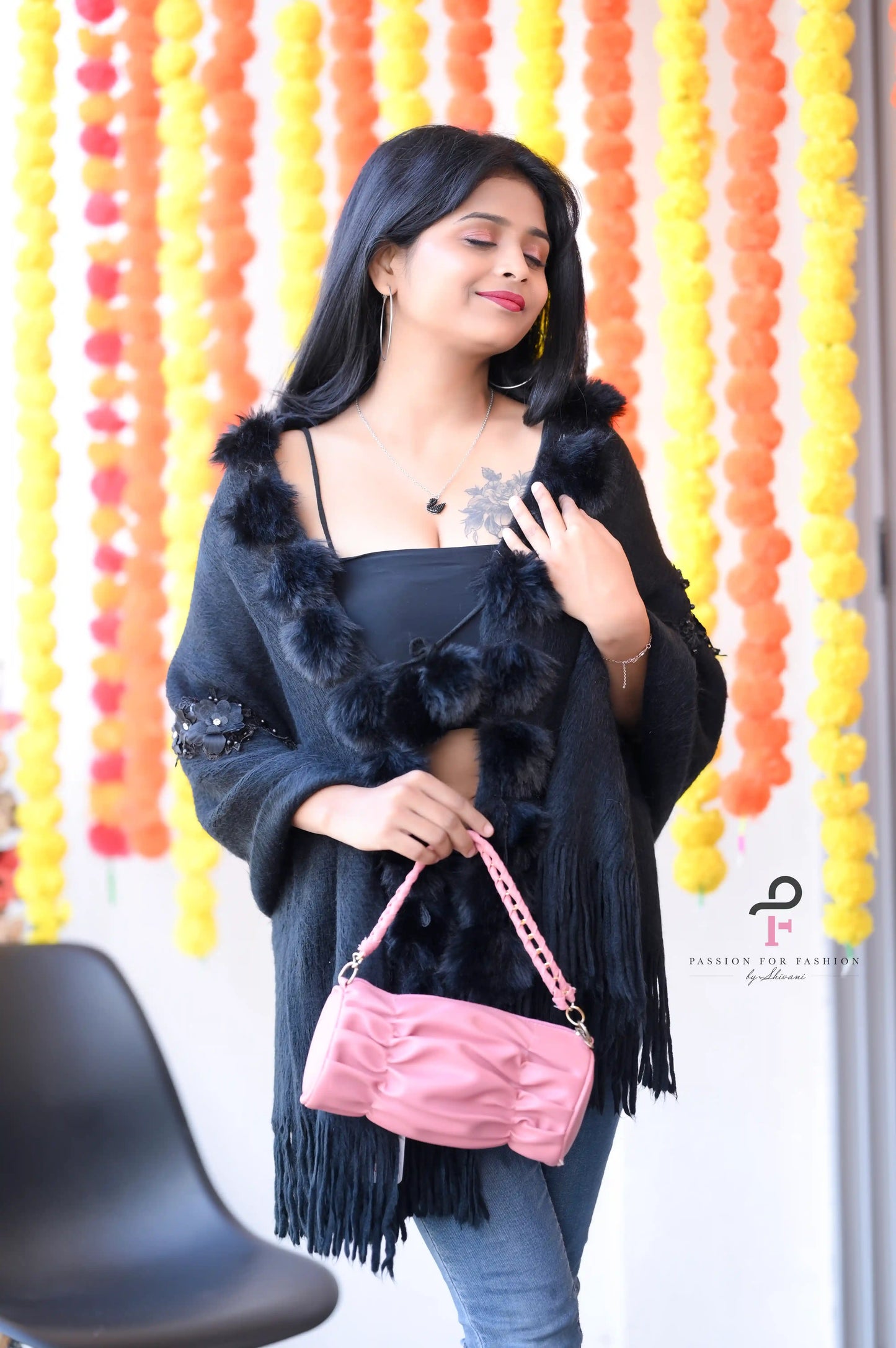 Black Fur Pom Pom Shrug