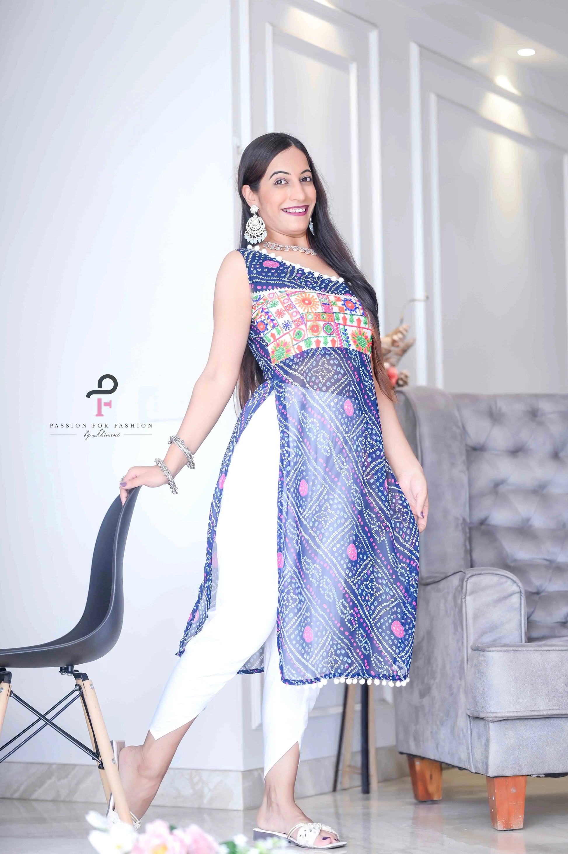 Dazzle Blue Bandhej Gulnaz Kurta - Passion for Fashion by Shivani