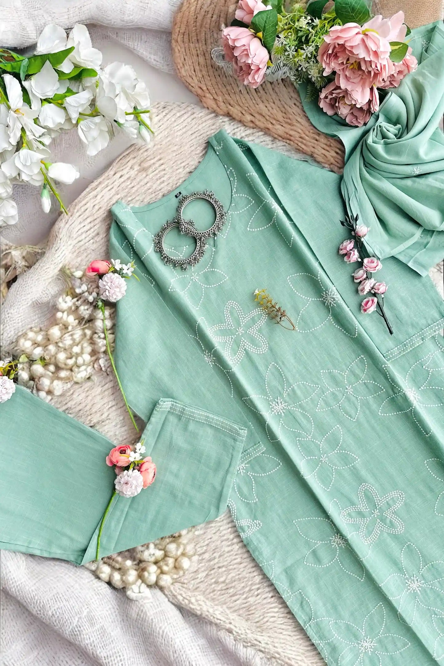 Pastel Green Embroidered Suit Set