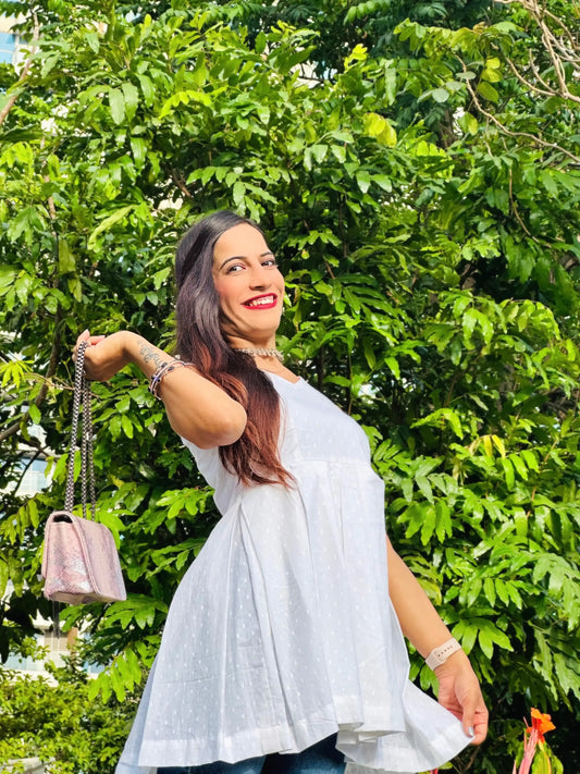 Whimsical White Hacoba Gulnaz Short Kurta - Passion for Fashion by Shivani