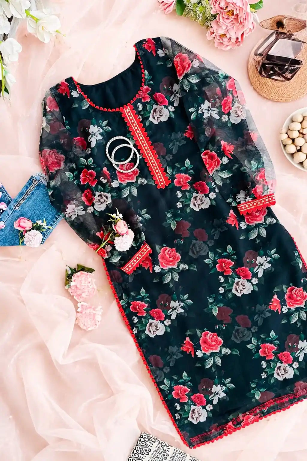 Floral Black Gulnaz Organza Ensemble