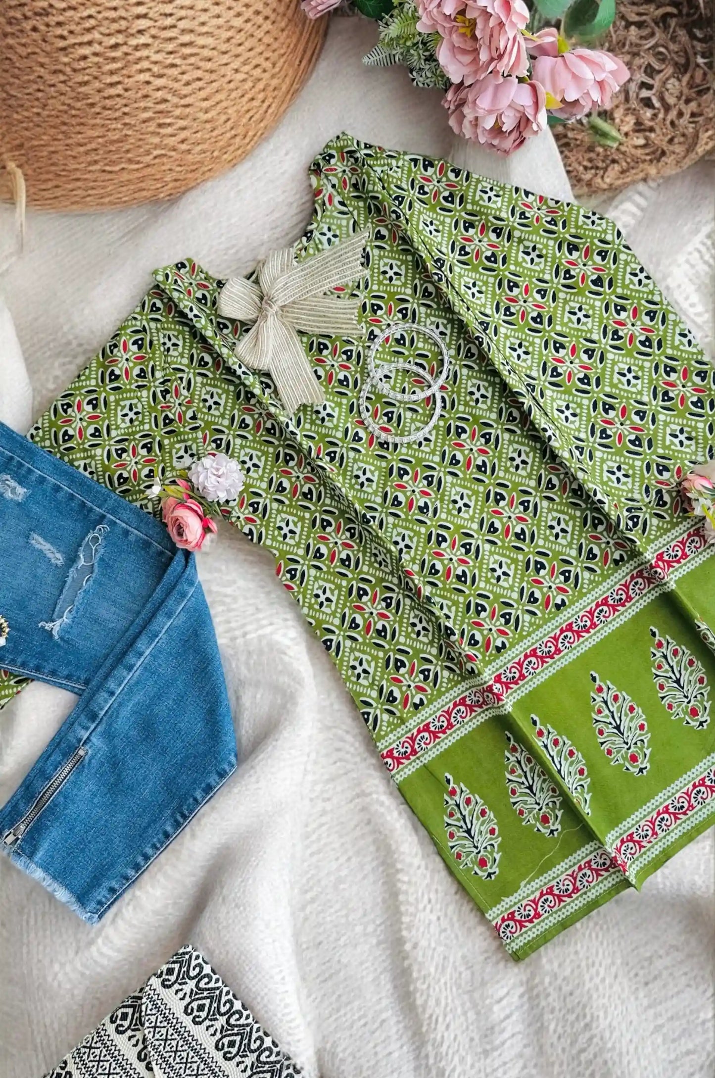 Green Handprinted Short Kurta