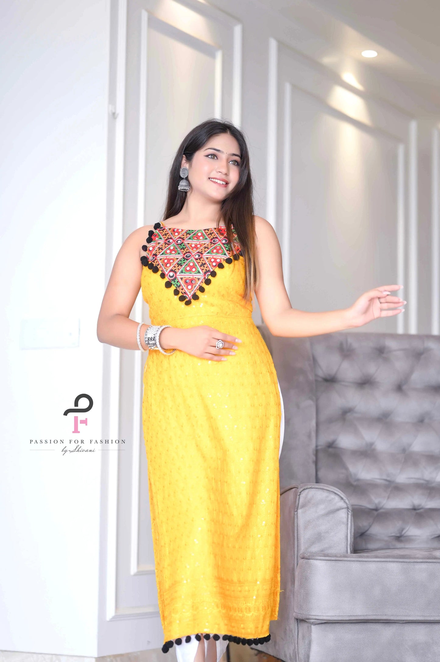 Bloom Yellow Gulnaz Embroidered Kurta