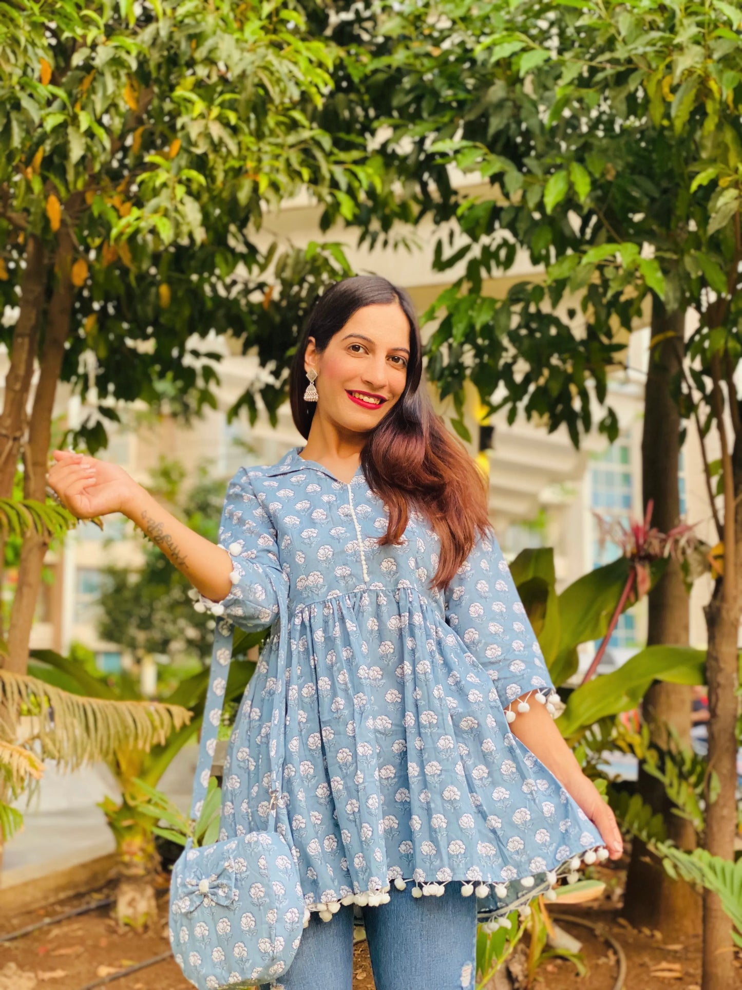 Grey Pom Pom Gulnaz Short Kurta