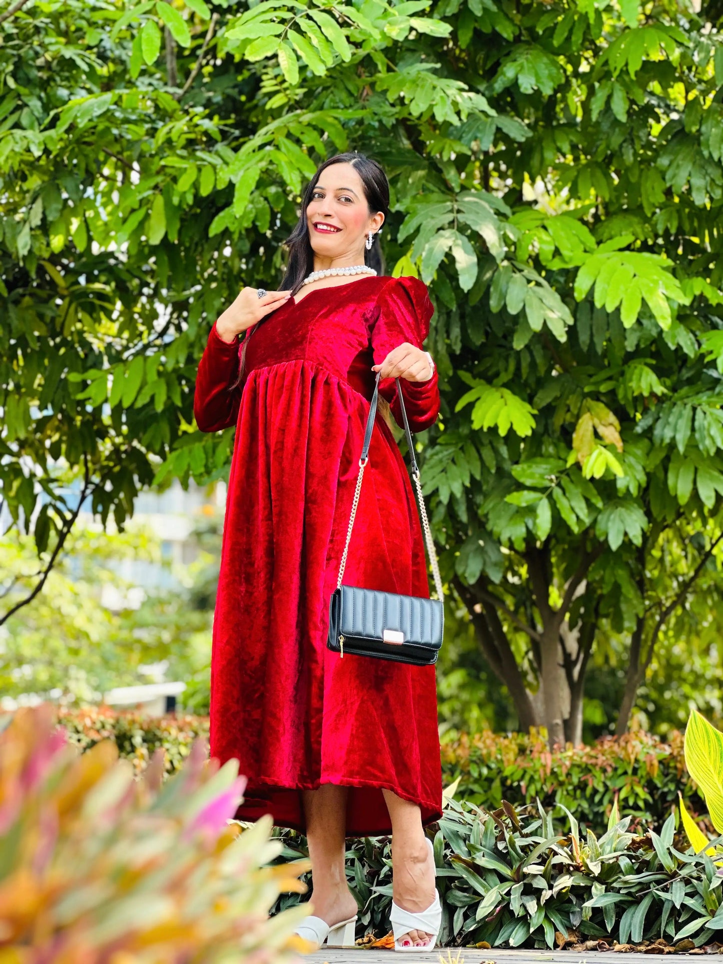 Sparkling Maroon Velvet Twirl Dress