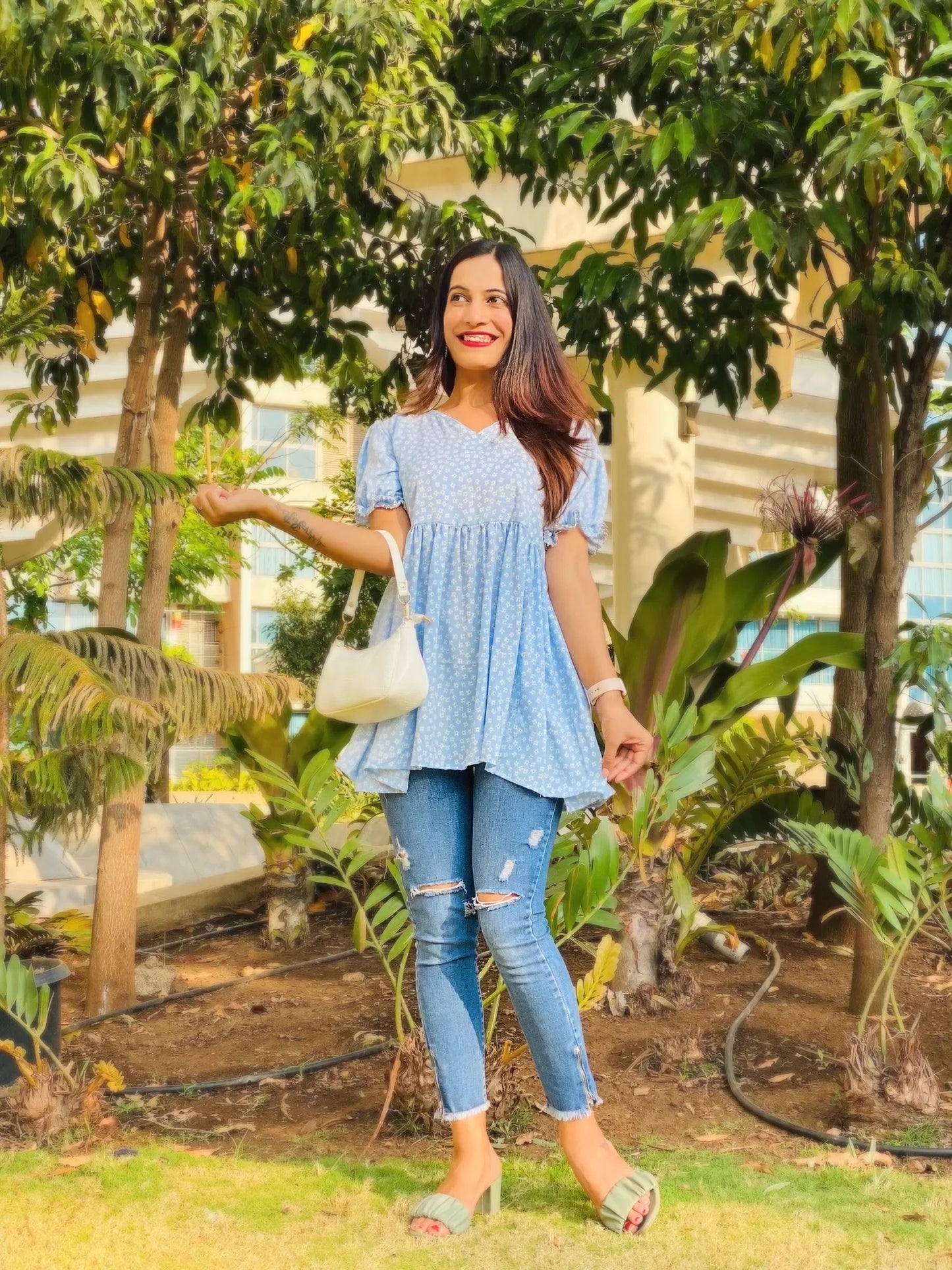 Blush Blue Puff Peplum Top - Passion for Fashion by Shivani