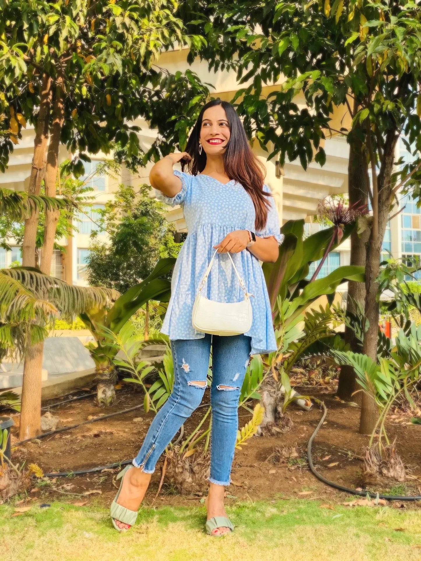 Blush Blue Puff Peplum Top - Passion for Fashion by Shivani