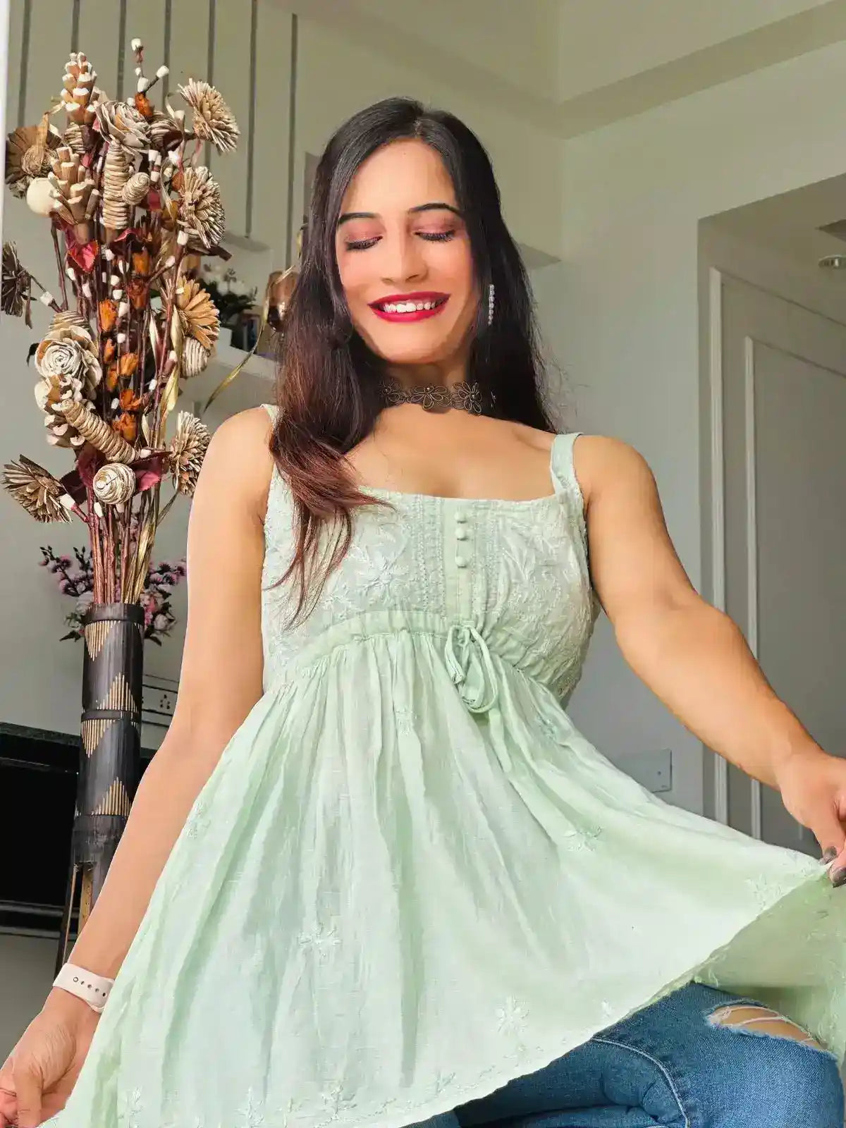 Blush Green Naaz Chikan Short Kurta