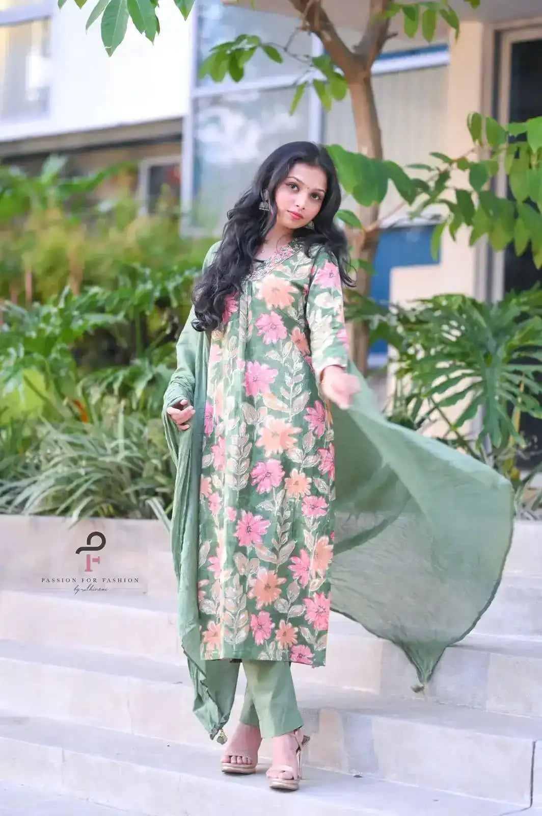 Meher Green Embroidered Floral Suit Set