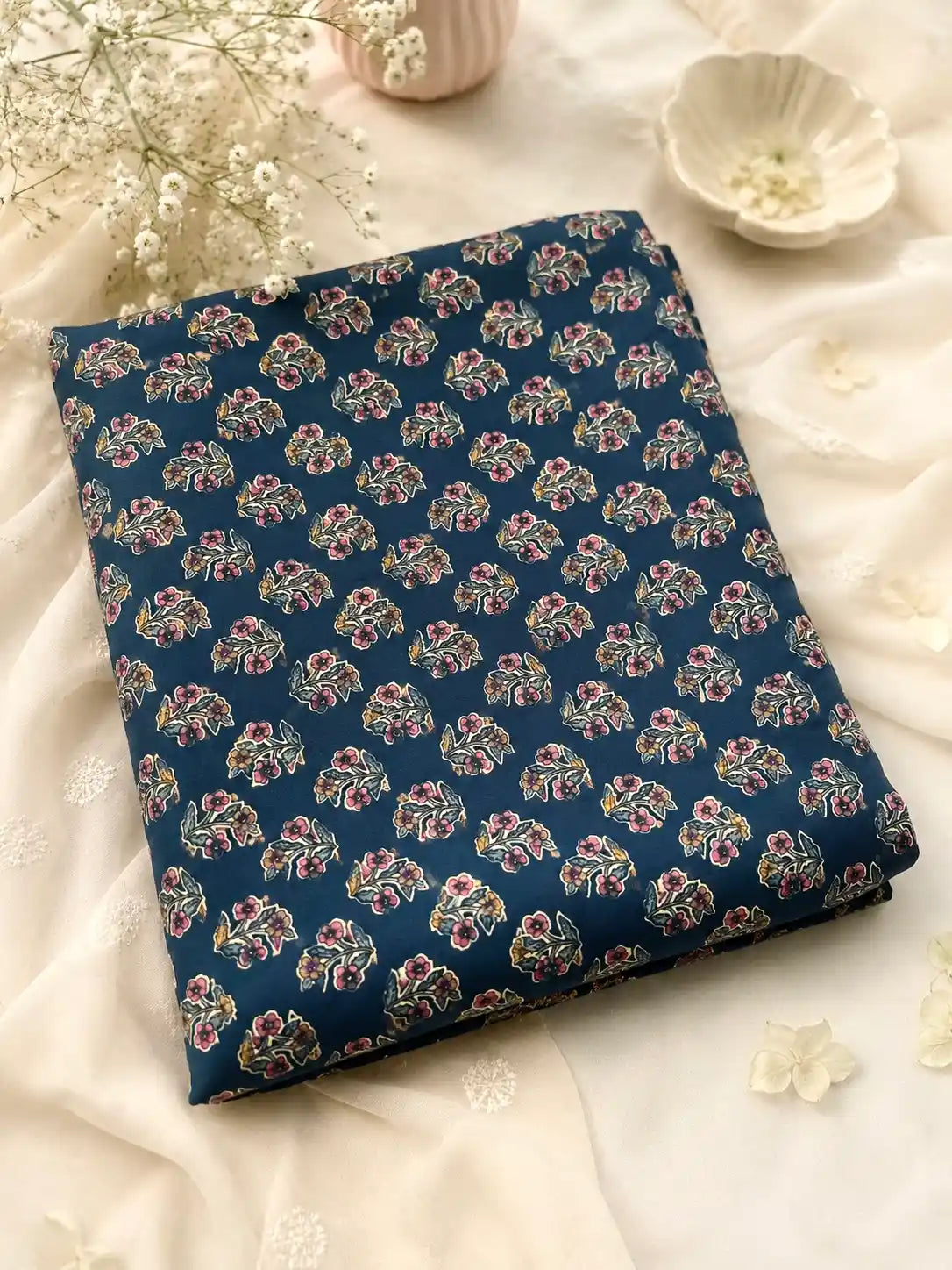 Navy Blue Floral Buti Cotton Fabric Cut
