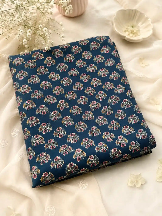 Navy Blue Floral Buti Cotton Fabric Cut
