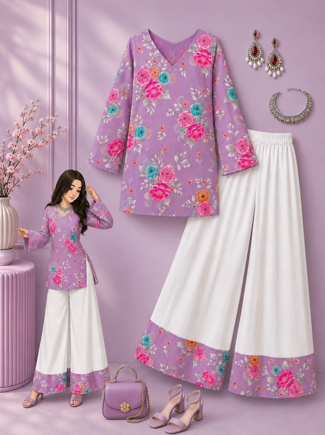 Lavender Blossom Printed Cord Set