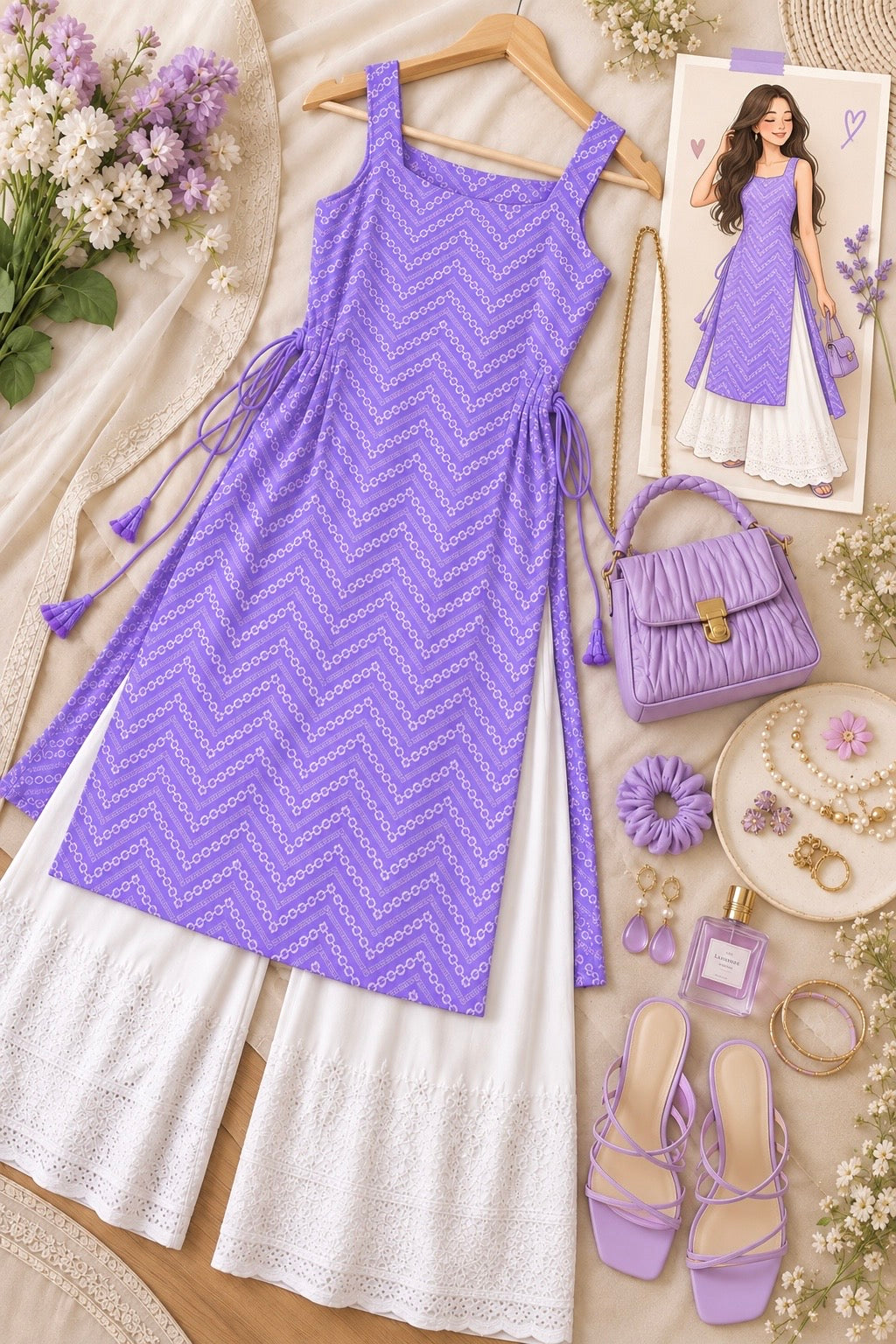 Gulnaz Lavender Chevron Embroidered Kurta